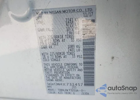 2018 Nissan Rogue Sl z USA, uszkodzony, nr VIN 5N1AT2MV4JC731457
